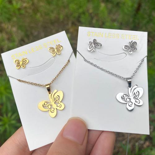 Fashion Stainless Steel Jewelry Sets, 304 Stainless Steel, Stud Earring & necklace, Butterfly, 2 pieces & fashion jewelry & for woman ear stud 10*8mm,pendant 14*17mm Approx 17.72 Inch [