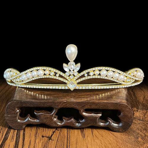 Bridal Tiaras, Zinc Alloy, with Plastic Pearl, gold color plated, fashion jewelry & for woman & with rhinestone, golden, diameter 155mm,height 45mm [