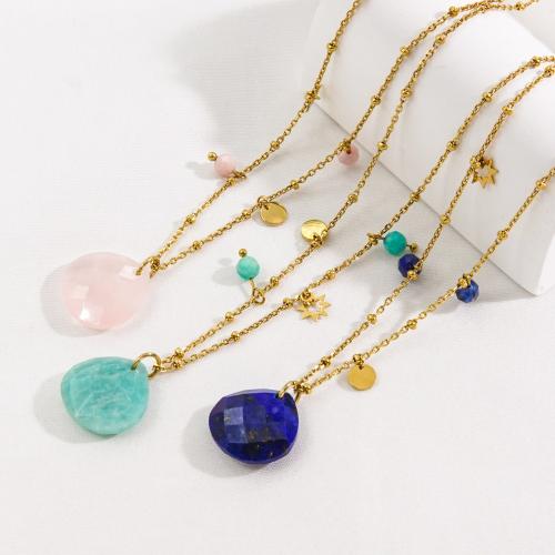 Gemstone Necklaces, 304 Stainless Steel, with Natural Stone, with 5cm extender chain, Teardrop, Vacuum Ion Plating, fashion jewelry & for woman, gold Approx 40 cm [