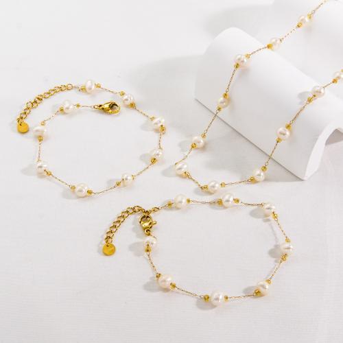 Fashion Stainless Steel Jewelry Sets, 304 Stainless Steel, with Pearl Oyster, Vacuum Ion Plating, fashion jewelry & for woman, gold [