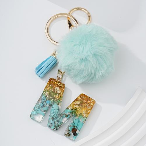 Fur Plush Key Chain, Zinc Alloy, with turquoise & Resin, Alphabet Letter, multifunctional & Unisex skyblue [