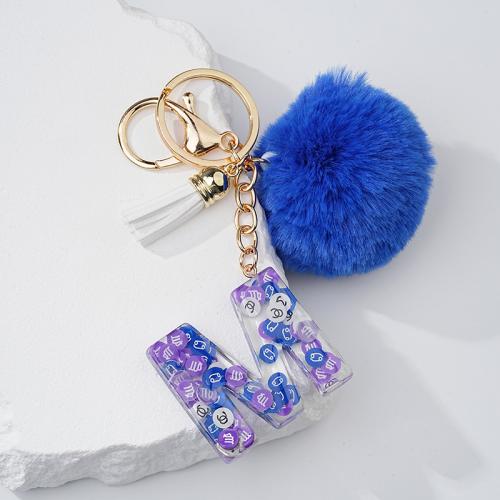 Fur Plush Key Chain, Zinc Alloy, with Resin & Resin Rhinestone, Alphabet Letter, multifunctional & Unisex blue [