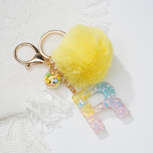 Fur Plush Key Chain, Zinc Alloy, with Resin, Alphabet Letter, multifunctional & for woman, yellow [