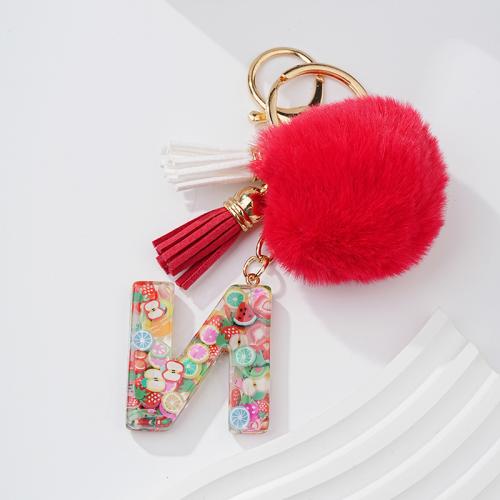 Fur Plush Key Chain, Zinc Alloy, with Resin, Alphabet Letter, multifunctional & for woman, red [