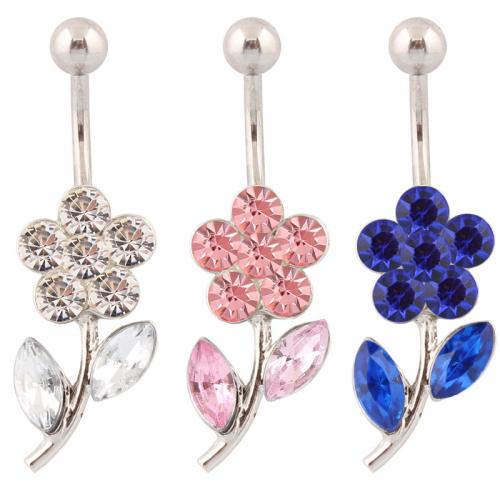 Anneau de ventre en acier inoxydable, Acier inoxydable 316, avec alliage de zinc, fleur, Placage de couleur argentée, bijoux de mode & pour femme & avec strass, plus de couleurs à choisir, Vendu par PC