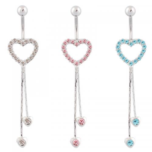 Stainless Steel Belly Ring, 316 Stainless Steel, with Zinc Alloy, Heart, silver color plated, fashion jewelry & for woman & with rhinestone & hollow [