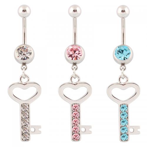 Stainless Steel Belly Ring, 316 Stainless Steel, with Zinc Alloy, Key, silver color plated, fashion jewelry & for woman & with rhinestone & hollow [