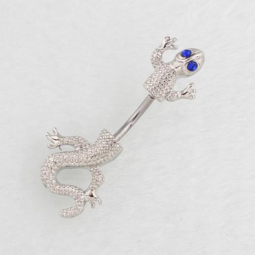 Stainless Steel Belly Ring, 316 Stainless Steel, with Zinc Alloy, Gecko, silver color plated, fashion jewelry & for woman & with rhinestone [