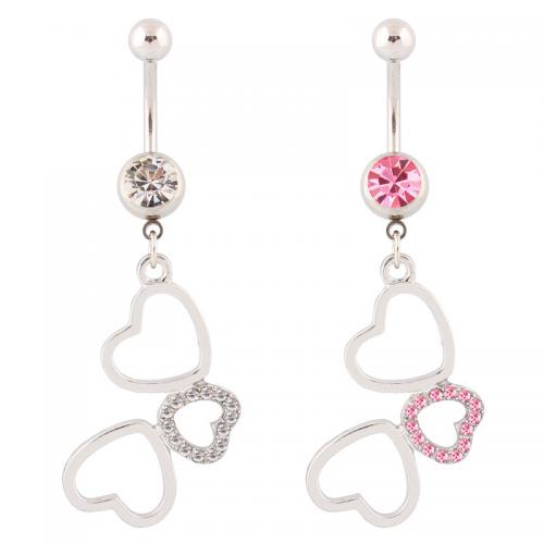 Stainless Steel Belly Ring, 316 Stainless Steel, with Zinc Alloy, Heart, silver color plated, fashion jewelry & for woman & with rhinestone & hollow [