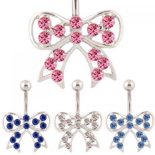 Stainless Steel Belly Ring, 316 Stainless Steel, with Zinc Alloy, Bowknot, silver color plated, fashion jewelry & for woman & with rhinestone & hollow [