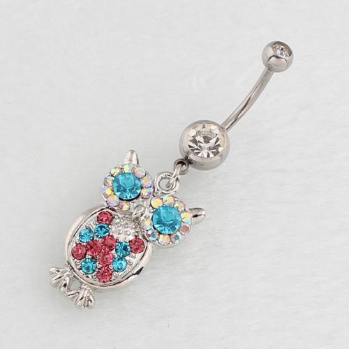 Anneau de ventre en acier inoxydable, Acier inoxydable 316, avec alliage de zinc, hibou, Placage de couleur argentée, bijoux de mode & pour femme & avec strass, plus de couleurs à choisir, Vendu par PC