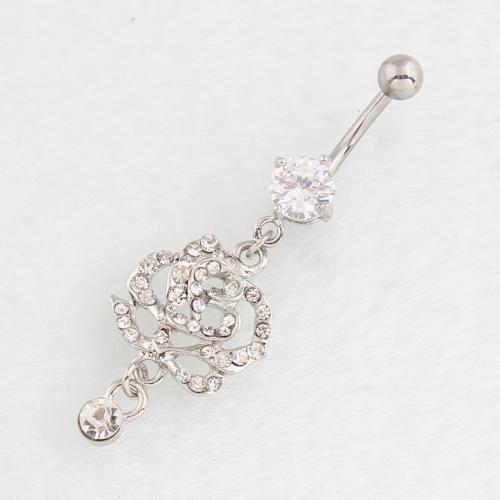 Stainless Steel Belly Ring, 316 Stainless Steel, with Zinc Alloy, Rose, silver color plated, fashion jewelry & for woman & with rhinestone & hollow [