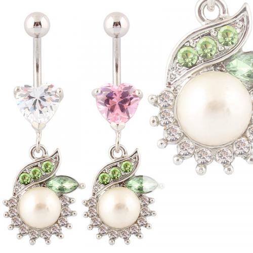 Anneau de ventre en acier inoxydable, Acier inoxydable 316, avec perle de plastique & alliage de zinc, fleur, Placage de couleur argentée, bijoux de mode & pour femme & avec strass, plus de couleurs à choisir, Vendu par PC