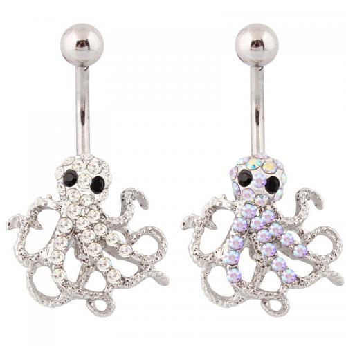 Stainless Steel Belly Ring, 316 Stainless Steel, with Zinc Alloy, Octopus, silver color plated, fashion jewelry & for woman & with rhinestone [