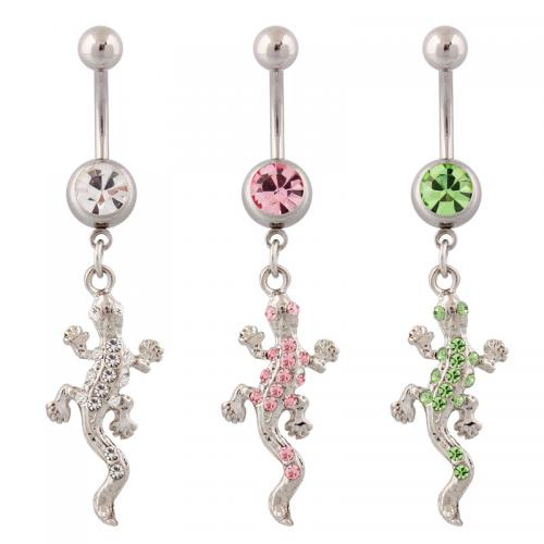 Stainless Steel Belly Ring, 316 Stainless Steel, with Zinc Alloy, Gecko, silver color plated, fashion jewelry & for woman & with rhinestone [