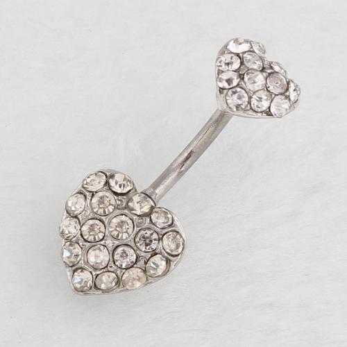 Stainless Steel Belly Ring, 316 Stainless Steel, with Zinc Alloy, Heart, silver color plated, fashion jewelry & for woman & with rhinestone [