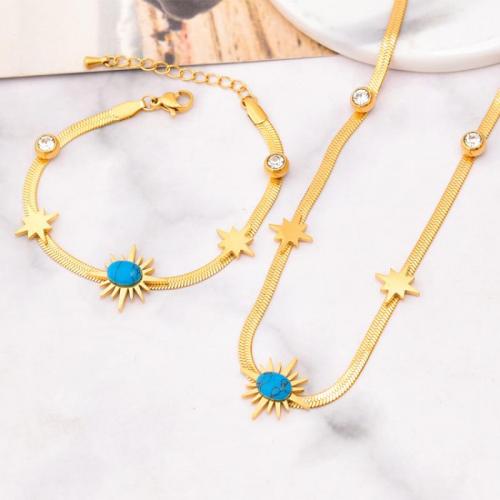 Ensemble de bijoux en acier de titane, Acier titane, avec turquoise, Placage ionique sous vide, styles différents pour le choix & pour femme & avec strass, doré, Vendu par PC[