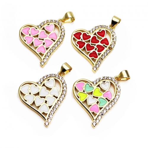 Cubic Zirconia Micro Pave Brass Pendant, Heart, gold color plated, DIY & micro pave cubic zirconia & enamel [