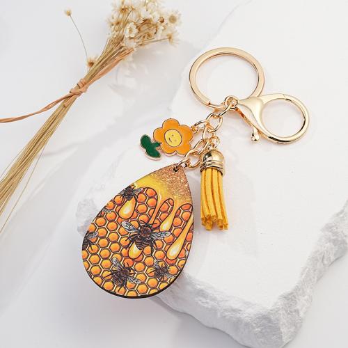 Acrylic Key Chain, Zinc Alloy, with PU Leather & Acrylic, Teardrop, Unisex & enamel, yellow 