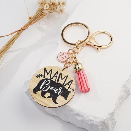 Wood Key Chain, Zinc Alloy, with PU Leather & Wood, Round, printing, Unisex & enamel 