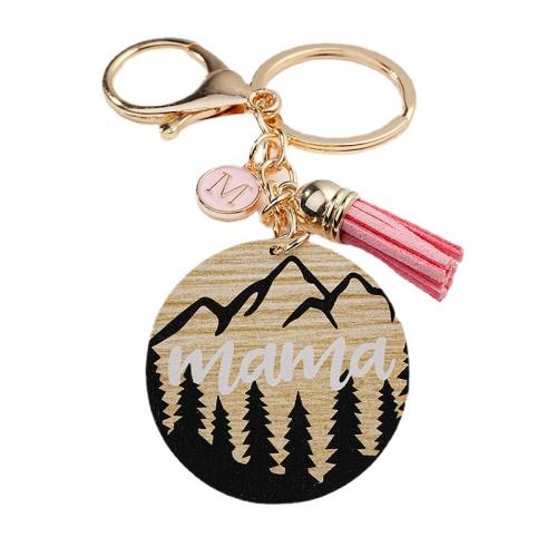 Wood Key Chain, Zinc Alloy, with PU Leather & Wood, Round, printing, Unisex & enamel 