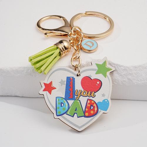 Wood Key Chain, Zinc Alloy, with PU Leather & Wood, Heart, printing, Unisex & enamel 