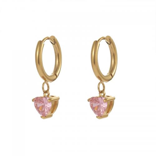 Acier titane Boucles d'oreilles pendantes Hoop Huggie, coeur, Plaqué d'or 14K, pour femme & avec zircone cubique, plus de couleurs à choisir, 12mm, Vendu par paire