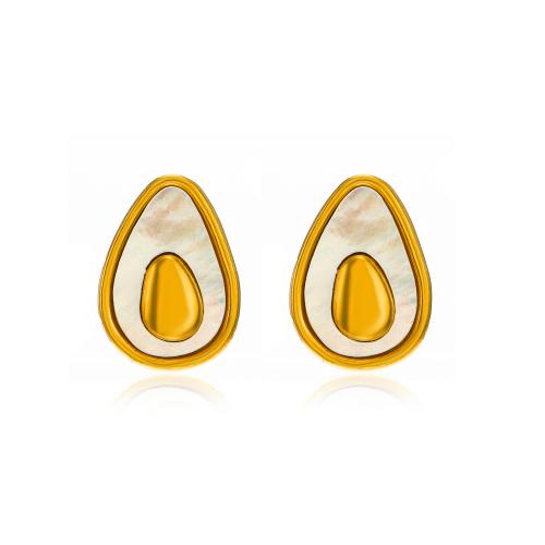 Stainless Steel Stud Earring, 304 Stainless Steel, with White Shell, Avocado, 18K gold plated, fashion jewelry & for woman, golden [