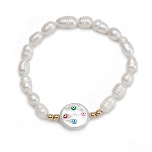 bracelet en laiton de perle d'eau douce cultivée, avec laiton, Placage de couleur d'or, bijoux de mode & pour femme & émail, blanc, inner perimeter 180mm, Vendu par PC