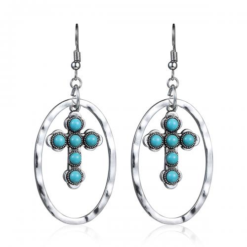 Zinc Alloy Drop Earring, with turquoise, Cross, antique silver color plated, for woman & hollow [