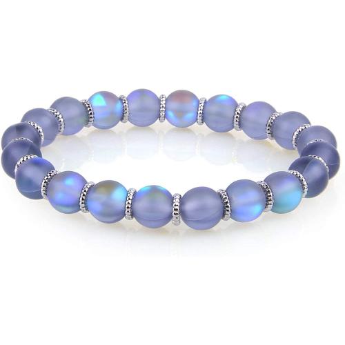 Bracelets de perle de bijou en verre, Opaline, avec alliage de zinc, Rond, Placage de couleur argentée, bijoux de mode & unisexe & givré, bleu Environ 18 cm, Vendu par PC[