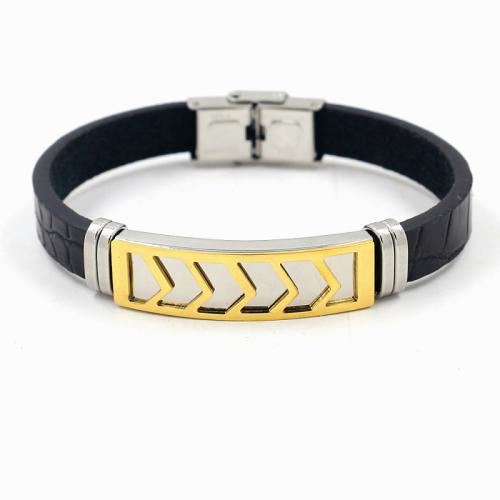 bracelet de cordon en PU , cuir PU, avec Acier titane, rectangle, Placage ionique sous vide, bijoux de mode & unisexe & styles différents pour le choix, plus de couleurs à choisir, 10mm Environ 22 cm, Vendu par PC[