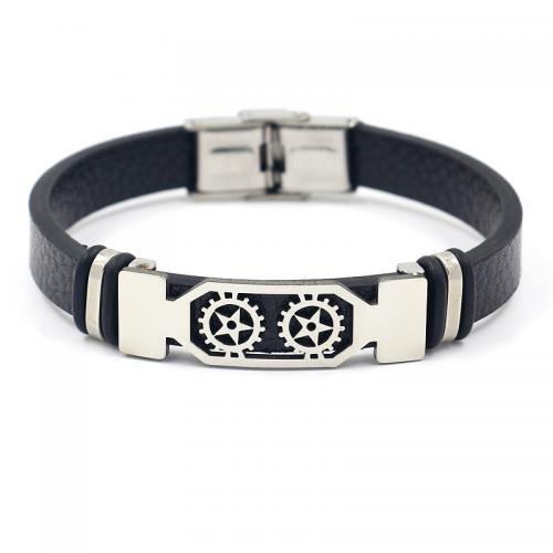 bracelet de cordon en PU , cuir PU, avec Acier titane, bijoux de mode & unisexe, noire, 10mm Environ 21 cm, Vendu par PC[