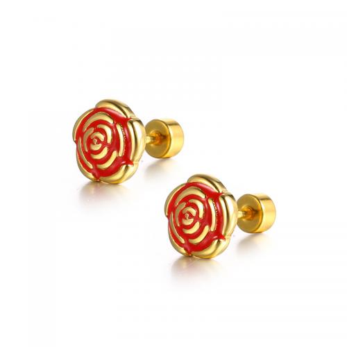 Boucles d'oreilles en acier titane, Rose, Placage ionique sous vide, bijoux de mode & pour femme & émail, plus de couleurs à choisir, protéger l'environnement, sans nickel, plomb et cadmium, 8.4mm, Vendu par PC