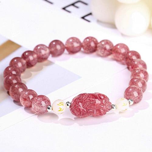 Quartz Bracelets, Strawberry Quartz, with White Agate, Mythical Wild Animal, fashion jewelry & for woman, mixed colors, 8mm Approx 18 cm 