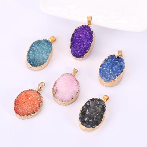 Natural Quartz Pendants, Brass, with Quartz, Oval, gold color plated, DIY, Random Color 