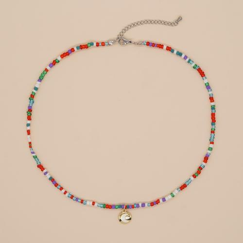 Petite perle en verre de collier 
, Seedbead, avec alliage de zinc, avec 5cm chaînes de rallonge, Plat rond, Placage, bijoux de mode & unisexe & émail, plus de couleurs à choisir Environ 40 cm, Vendu par PC[