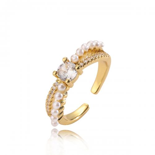 Cubic Zirconia Micro Pave Brass Finger Ring, with Plastic Pearl, 18K gold plated, fashion jewelry & micro pave cubic zirconia & for woman [