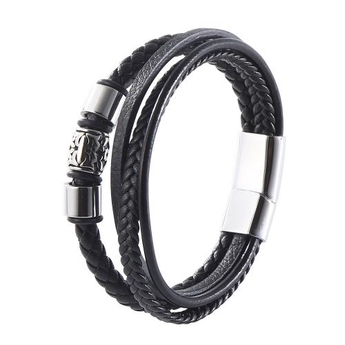 bracelet de cordon en PU , cuir PU, avec Acier inoxydable 304, Vintage & longueur différente pour le choix & pour homme, noire, Vendu par PC[