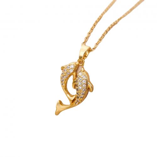 Acier titane collier, poisson, Placage de couleur d'or, chaîne ovale & pavé de micro zircon & pour femme Environ 17.7 pouce, Vendu par PC[