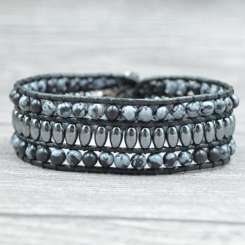 Pulsera de obsidiana copo de nieve, con Cordón de cera & Hematite & aleación de zinc, Esférico, chapado en color de plata, Joyería & unisexo, color mixto, 4mm, longitud:aproximado 20 cm, Vendido por UD