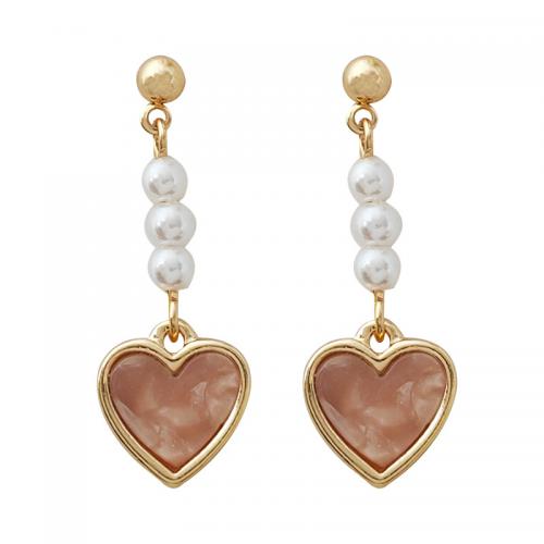 Plastic Pearl Zinc Alloy Earring, with Resin & Plastic Pearl & Iron, Heart, plated, for woman, golden [