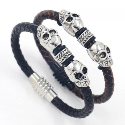 Cuero de vaca Pulsera, con aleación de zinc, Calavera, estilo punky & unisexo, más colores para la opción, longitud:aproximado 8.3 Inch, Vendido por UD