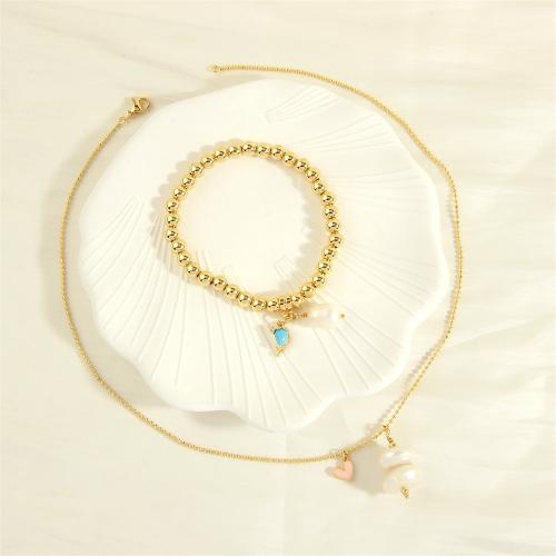 Brass Jewelry Set, with Freshwater Pearl & for woman & enamel, golden [