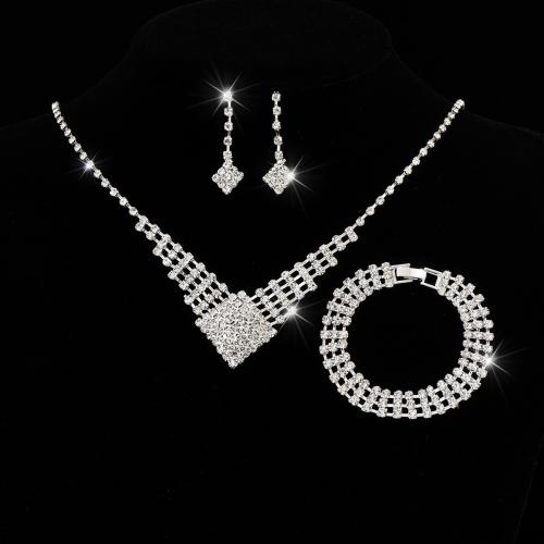 Brass Jewelry Set, bracelet & earring & necklace, with 15CM extender chain, silver color plated & for woman & with rhinestone [