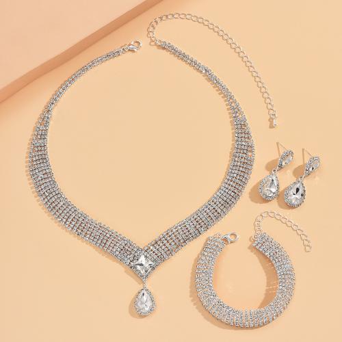 Brass Jewelry Set, bracelet & earring & necklace, Teardrop, silver color plated & for woman & with rhinestone [