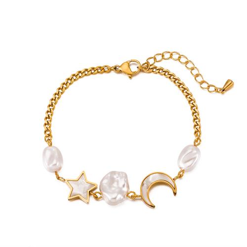 Stainless Steel Chain Bracelets, 304 Stainless Steel, with Plastic Pearl, fashion jewelry & for woman, golden Approx 21 cm 