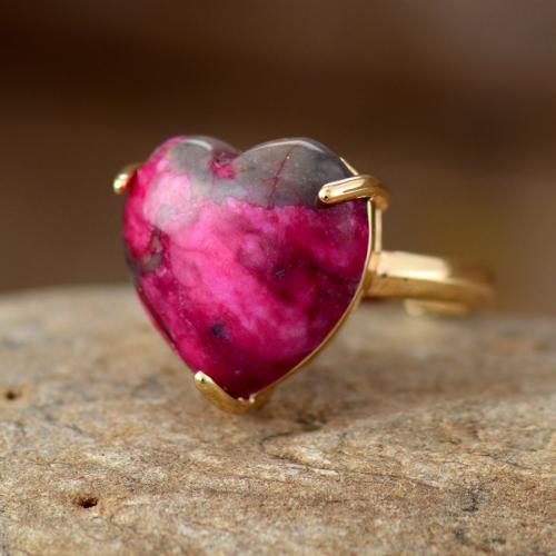 Brass Cuff Finger Ring, with Natural Stone, Heart, gold color plated, fashion jewelry & adjustable & for woman, US Ring [