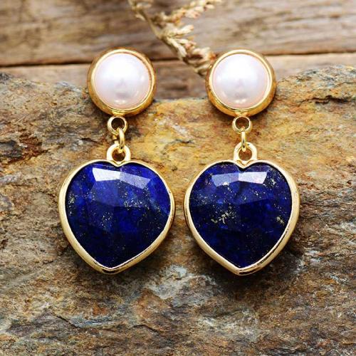 Gemstone Drop Earring, with Plastic Pearl & Brass, Heart, gold color plated, fashion jewelry & for woman [