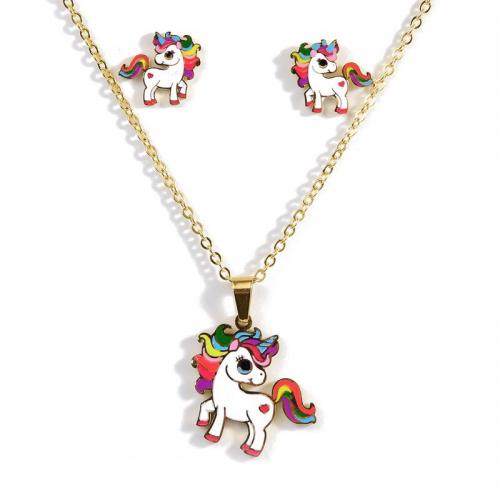 Enamel Stainless Steel Jewelry Sets, 304 Stainless Steel, Stud Earring & necklace, Unicorn, plated, 2 pieces & fashion jewelry & for woman, golden, pendant 25*25mm,ear stud 15*14mm Approx 45 cm [